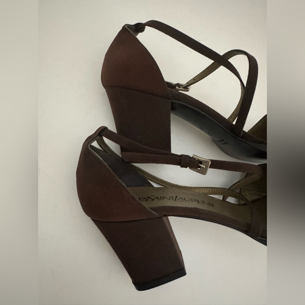 Yves Saint Laurent Vintage Open Toe Block Heel Strappy Sandals Brown Sz.7 Italy - Picture 7 of 11